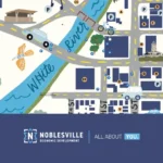 An illustrated map of downtown noblesville to show businesses and parking for small business saturday.