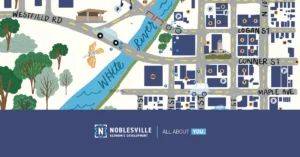 An illustrated map of downtown noblesville to show businesses and parking for small business saturday.